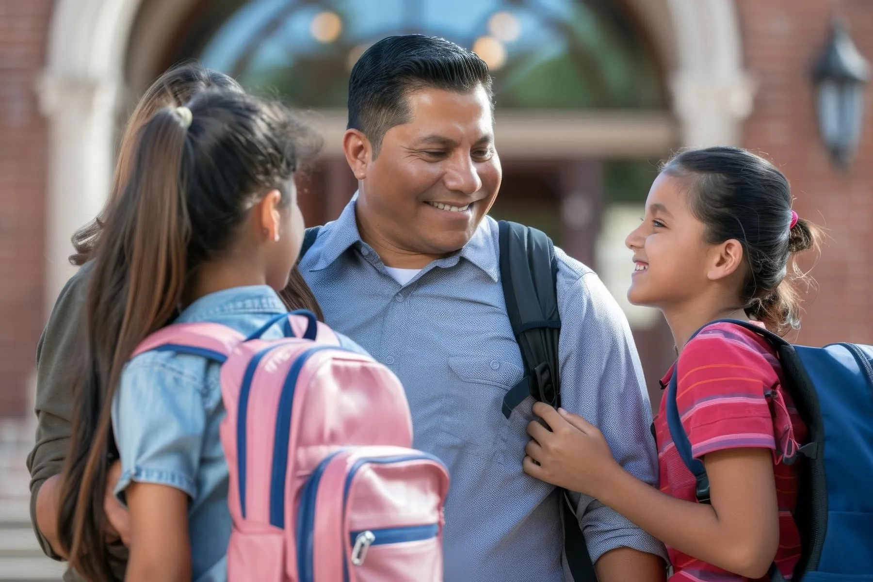 Un padre conversa sonriente con sus dos hijas con mochila en la entrada de un colegio
