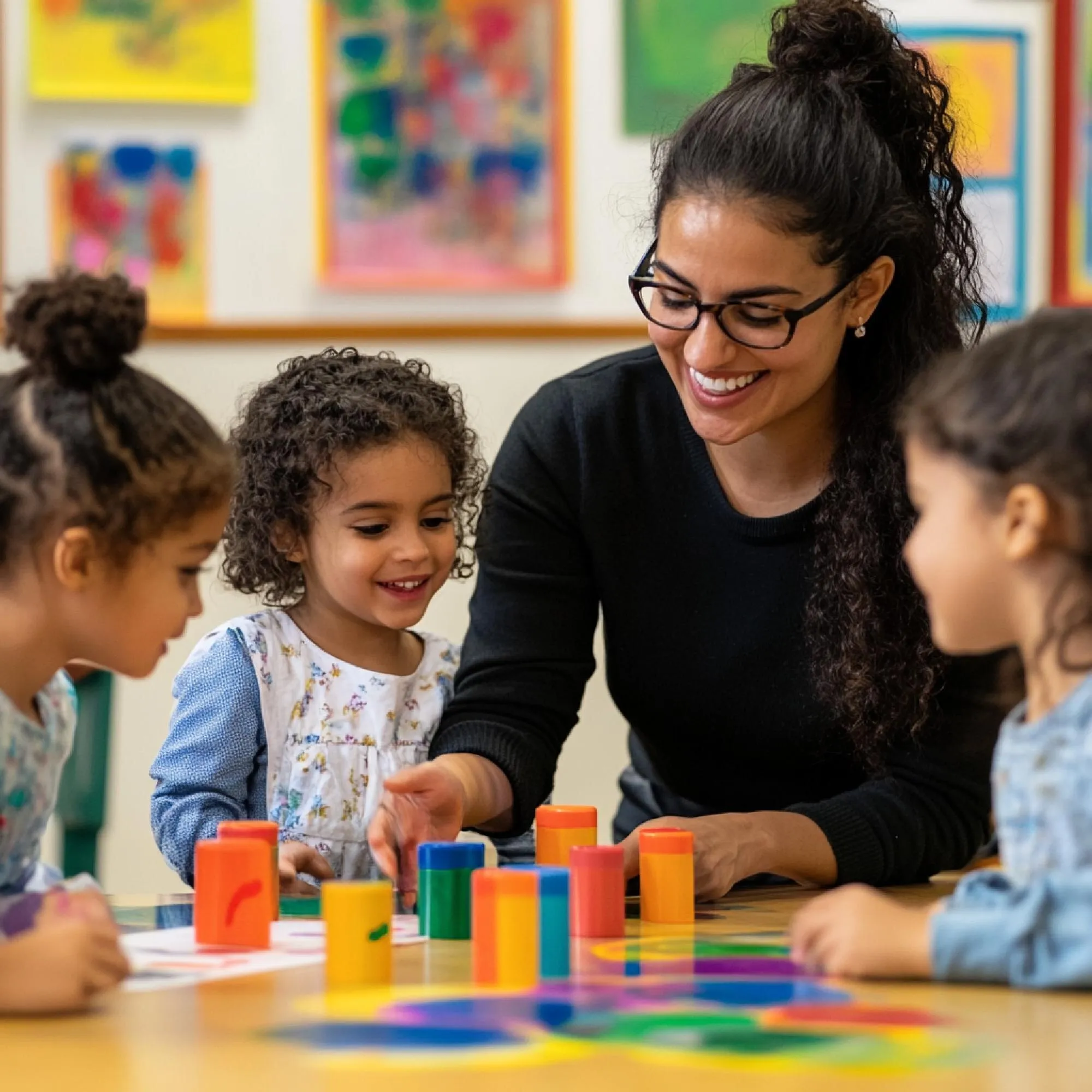 Una profesora sonríe mientras trabaja con colores y figuras junto a niños pequeños en un aula de preescolar