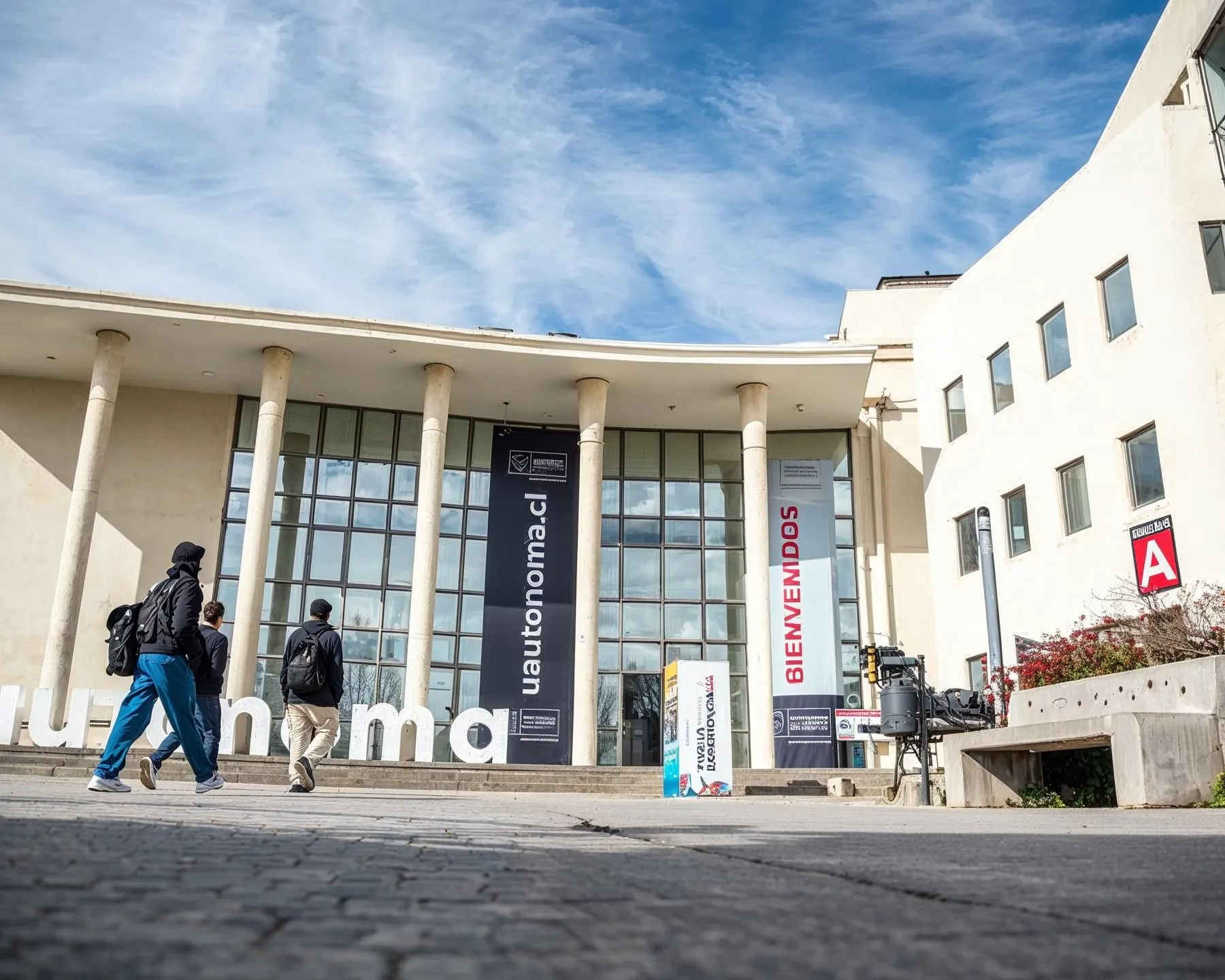 Estudiantes llegando a la fachada del campus de la Universidad Autónoma de Chile, con las letras uautonoma en la explanada